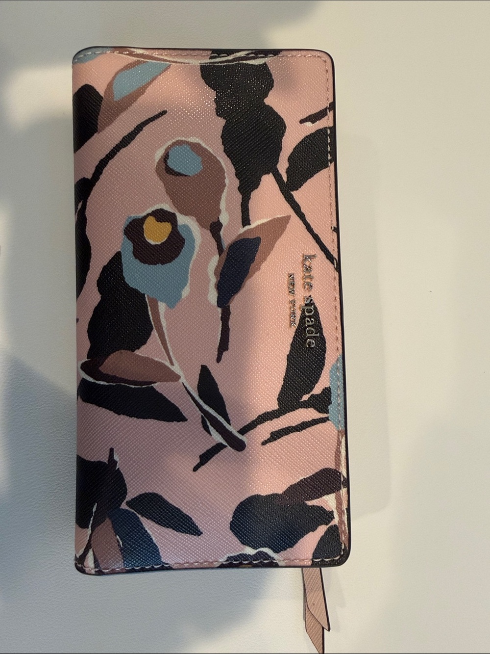 kate spade Pink Floral Zip Around Wallet with Black & Blue Accents